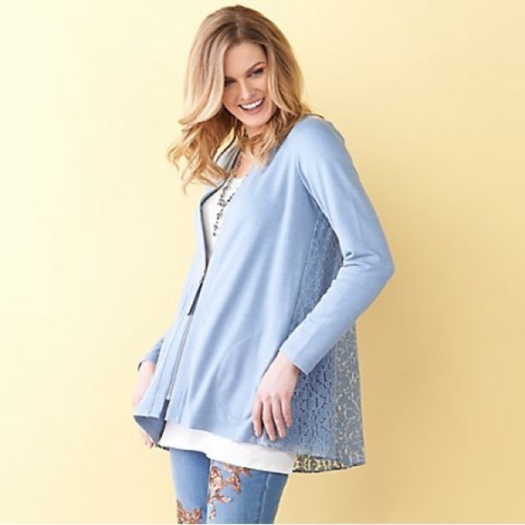 LOGO Lounge by Lori Goldstein Blue Zip Front Cardigan Lace Back and Pockets M - Picture 1 of 13